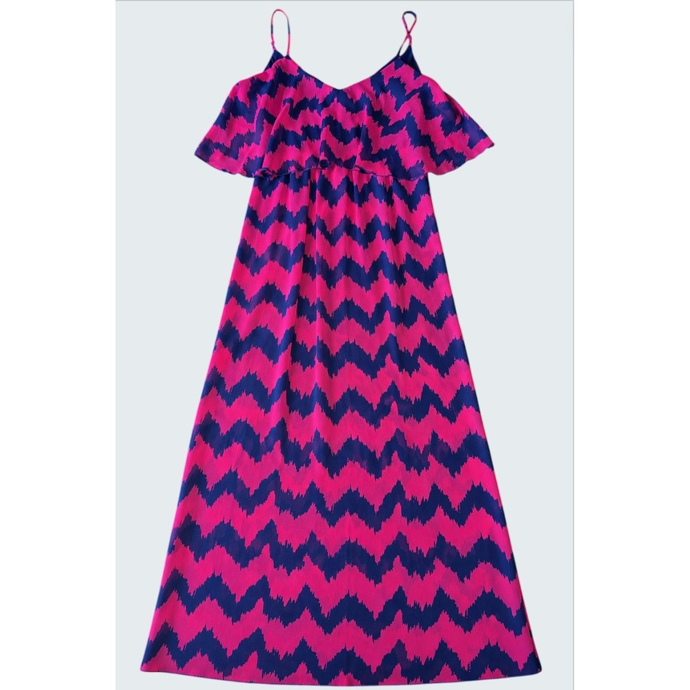 Ultra Flirt Pink Navy Blue Chevron Maxi Dress Ruffle V-Neck XL Vibrant Boho